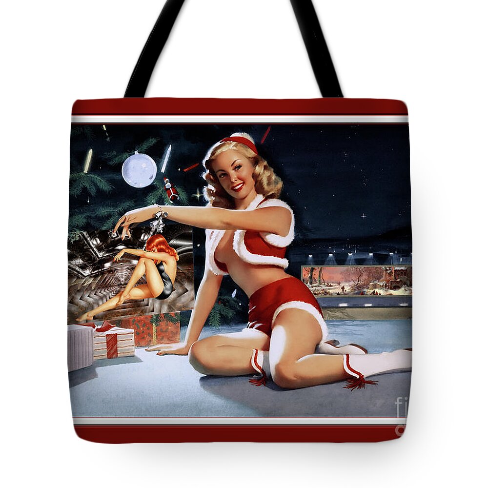 Christmas Pinup Tote Bag featuring the painting Christmas Pinup by Bill Medcalf Art Old Masters Xzendor7 Reproductions by Rolando Burbon