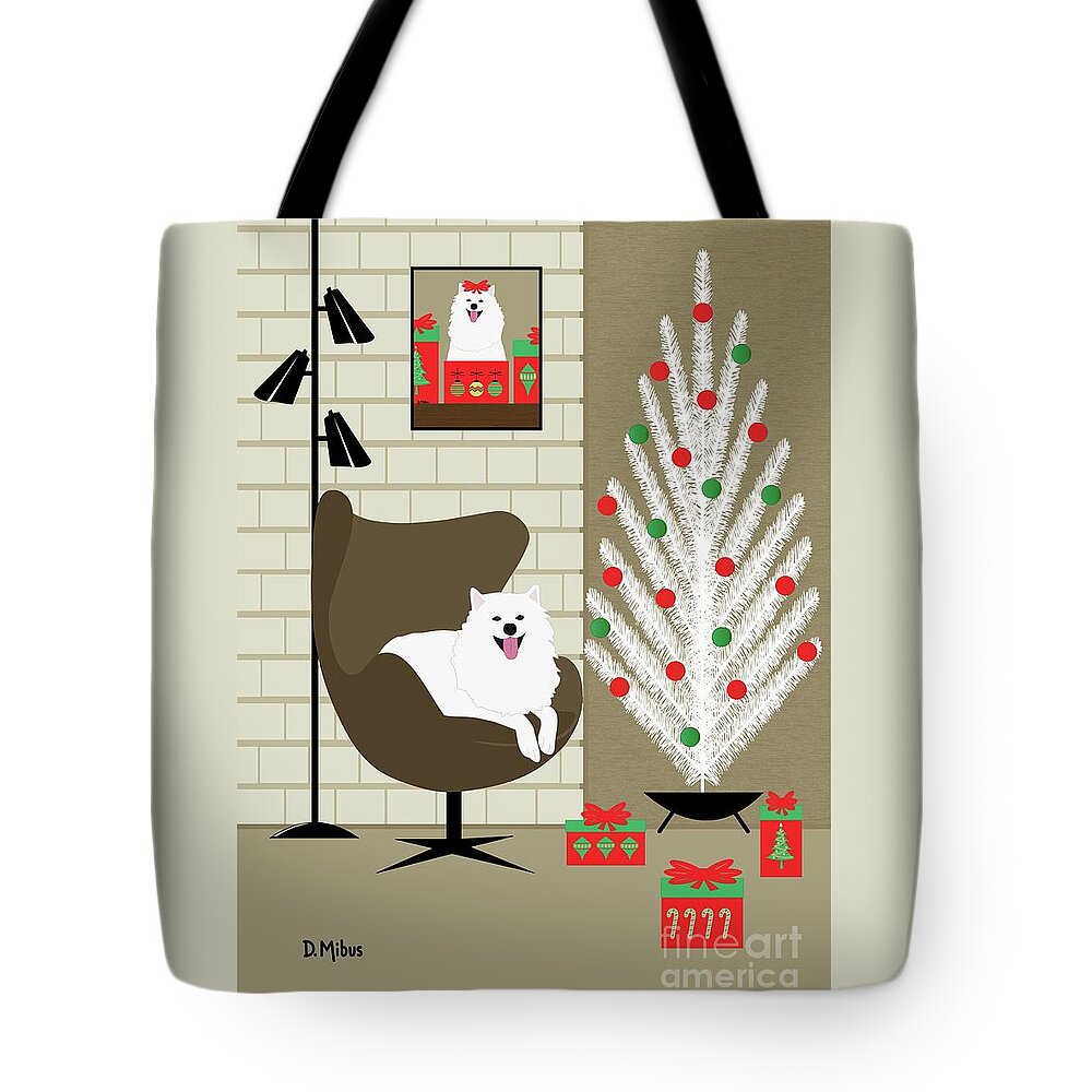 Mid Century Dog Tote Bag featuring the digital art Christmas Room with Eskimo Dog by Donna Mibus