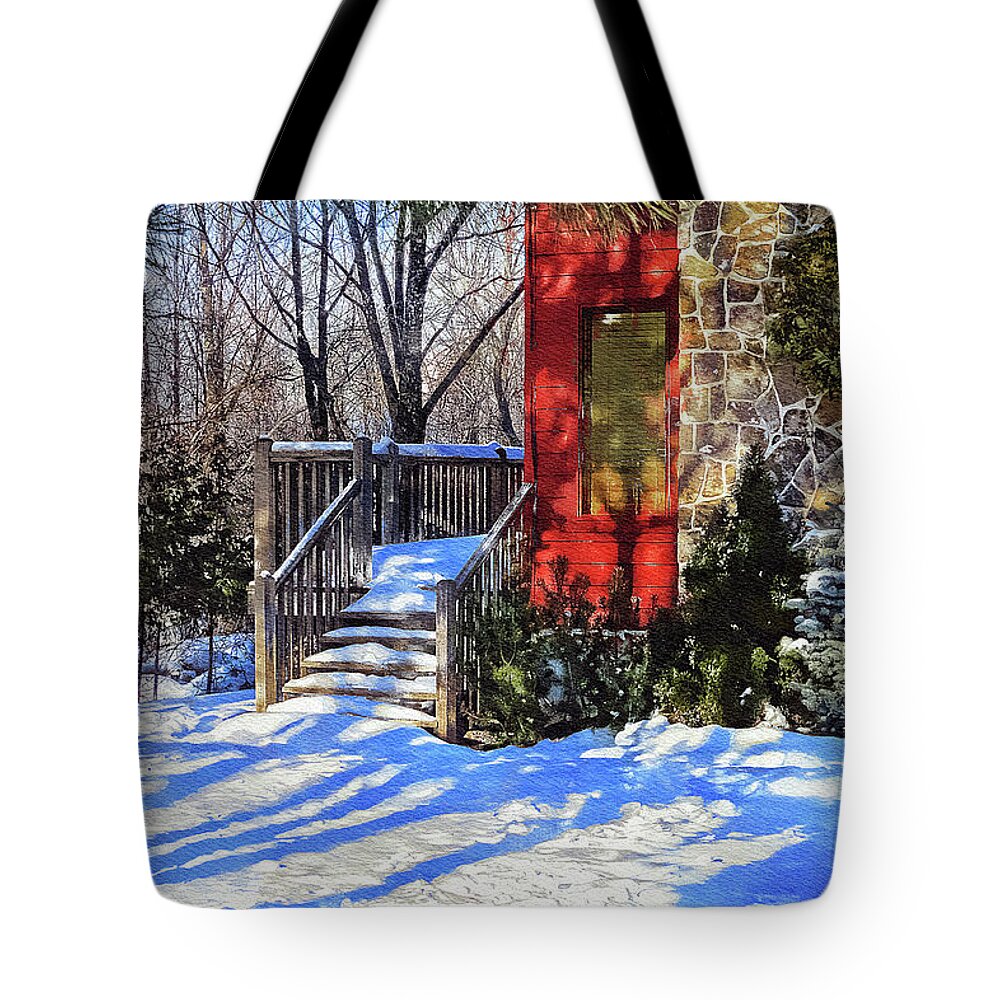 Winter Tote Bag featuring the mixed media Christmas scene in Canada by Tatiana Travelways