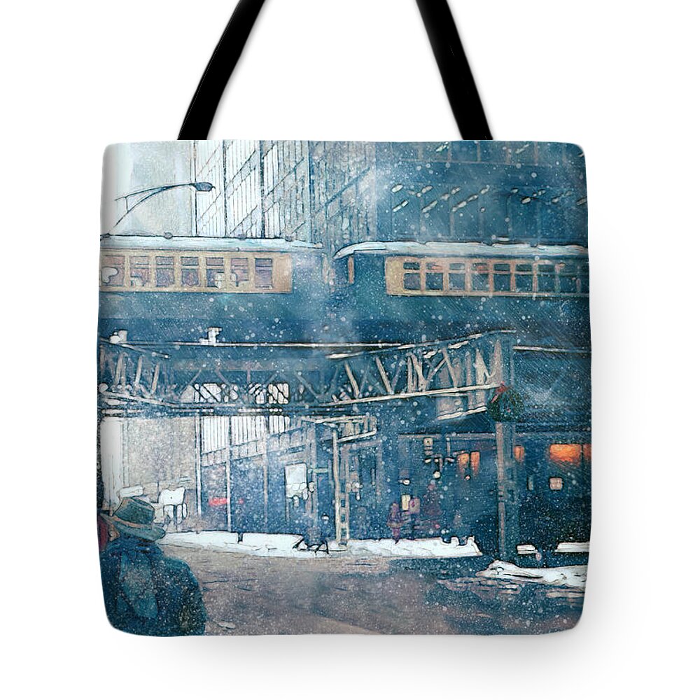 Chicago Loop Tote Bag featuring the painting Christmas Shopping - Wabash Ave 1970s by Glenn Galen
