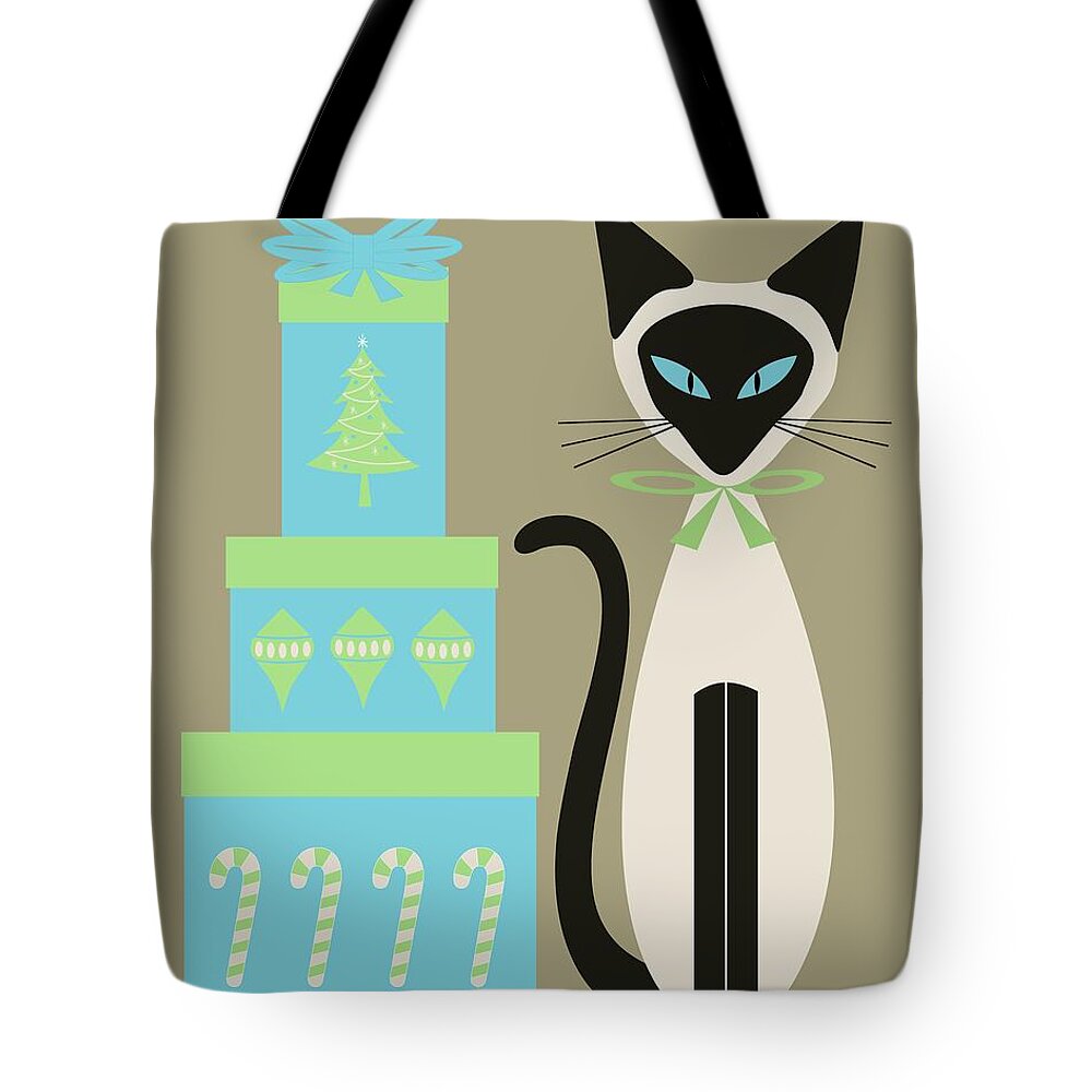 Mid Century Cat Tote Bag featuring the digital art Christmas Siamese with Presents by Donna Mibus
