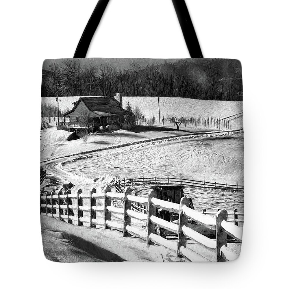 North Carolina Tote Bag featuring the photograph Christmas Tree Ranch in Snow bw by Dan Carmichael
