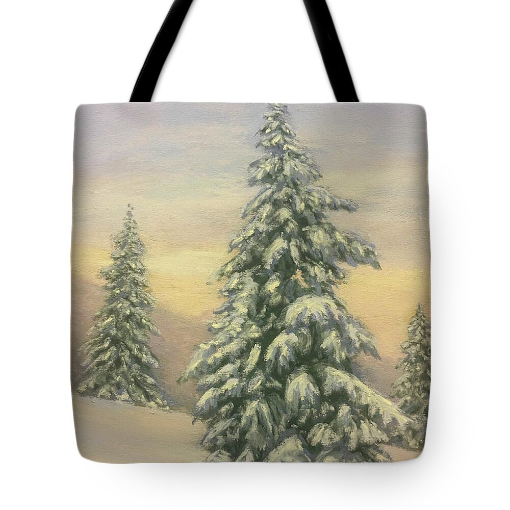 Winter Pines Tote Bag featuring the pastel Christmas Trees by Lee Tisch Bialczak
