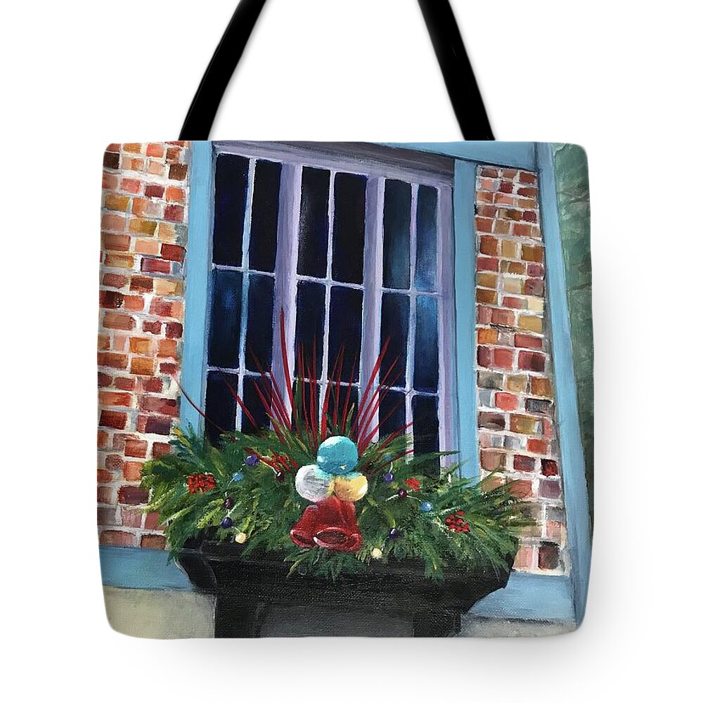 Holiday Tote Bag featuring the painting Christmas Window Box by Deborah Naves