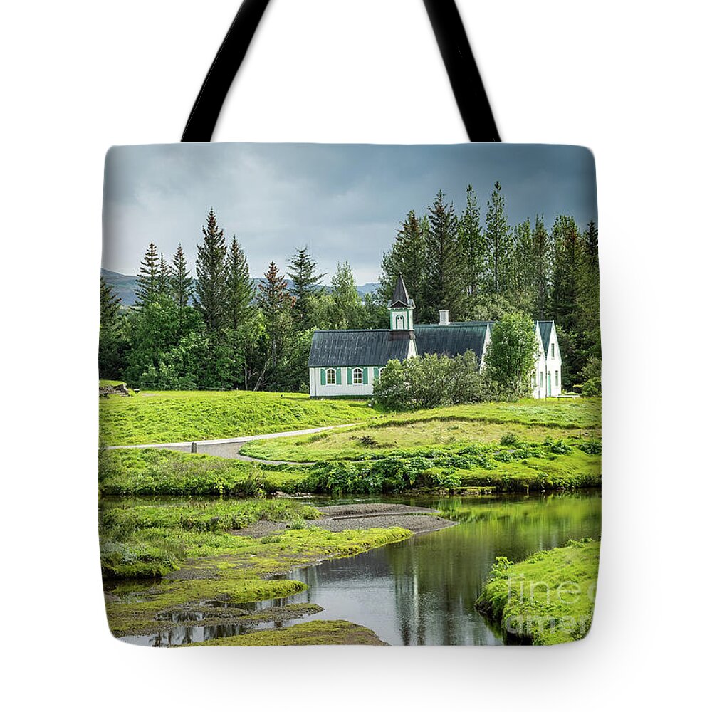 Iceland Tote Bag featuring the photograph Church at Thingvellir, Iceland by Delphimages Photo Creations