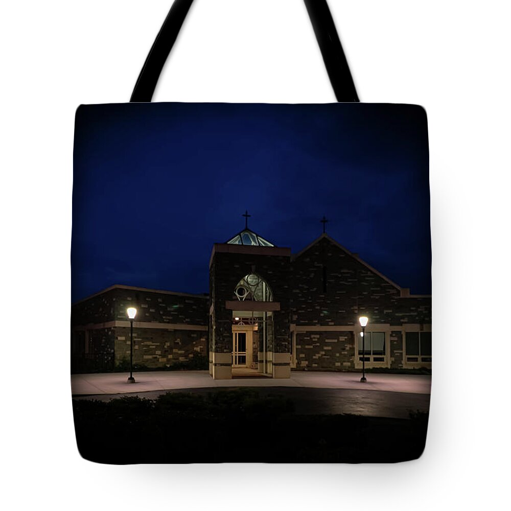 Church Tote Bag featuring the photograph Church Night Entrance by Deb Beausoleil
