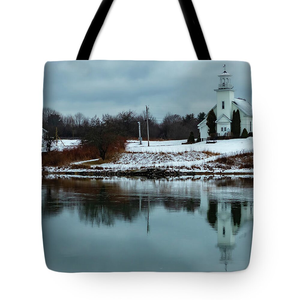 Church Tote Bag featuring the photograph Church reflection in Maine by George Kenhan