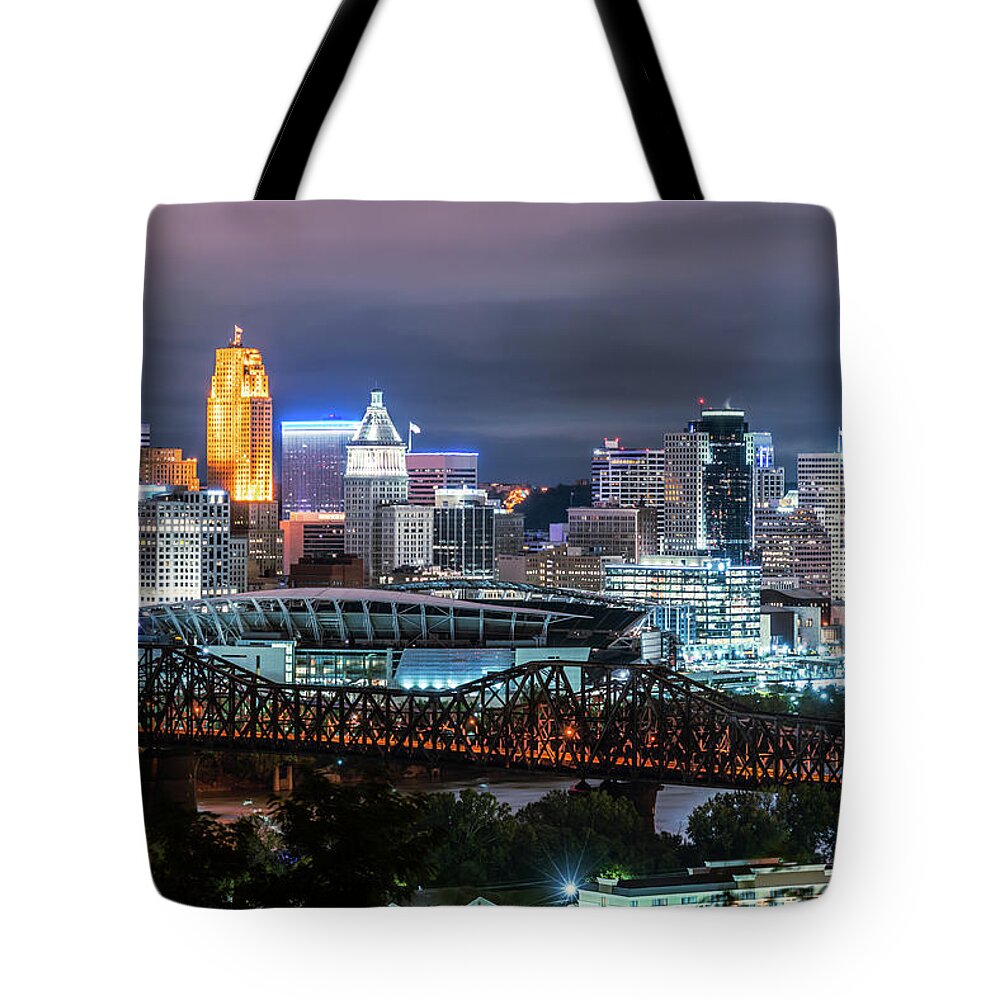 2018 Tote Bag featuring the photograph Cincinnati Skyline at Night Photo by Paul Velgos