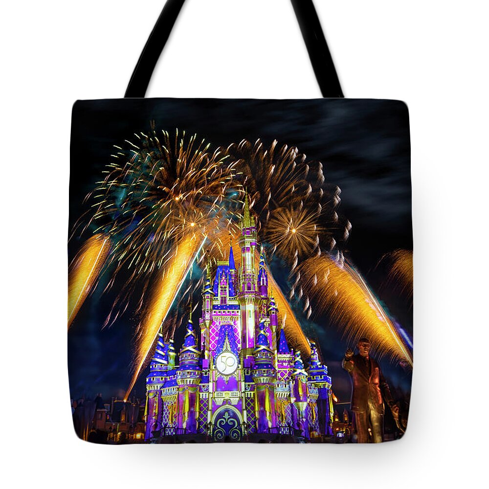 Magic Kingdom Tote Bag featuring the photograph Cinderella Castle Fireworks at Walt Disney World by Mark Andrew Thomas