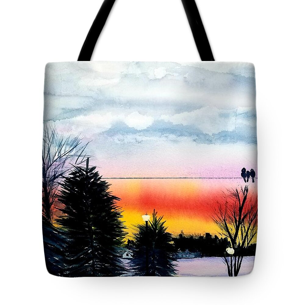 Michigan Sunset Tote Bag featuring the painting Cindys Sunset by Ann Frederick