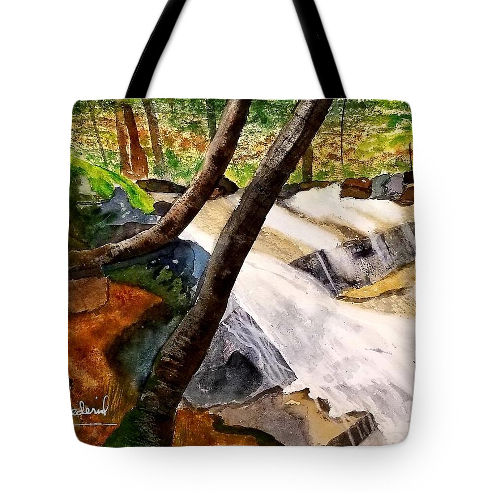 Waterfall Tote Bag featuring the painting Cindys' Waterfall by Ann Frederick