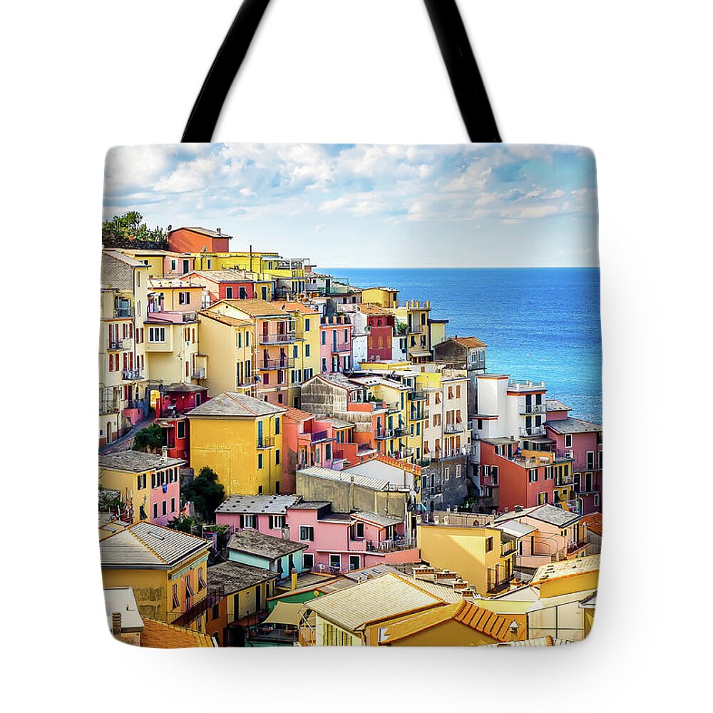 Cinque Terre Europe Italian Italy Liguria Mediterranean Vernazza Afternoon Architectural Ocean Ocean Side Architecture Beautiful Beauty Blue Building Buildings Coast Hillside Pastel Tote Bag featuring the photograph Cinque Terre by Robert Miller