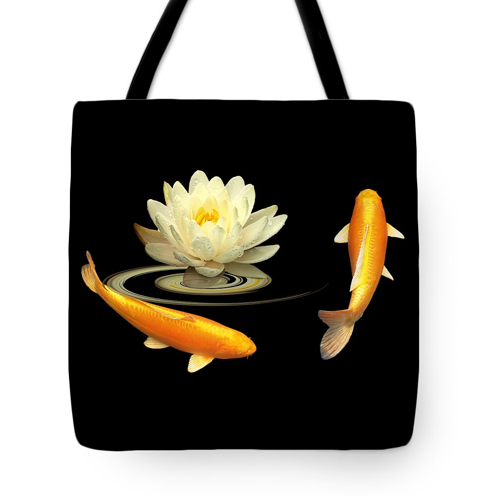 Japanese Koi Fish Tote Bag featuring the photograph Circle Of Life - Koi Carp With Water Lily by Gill Billington