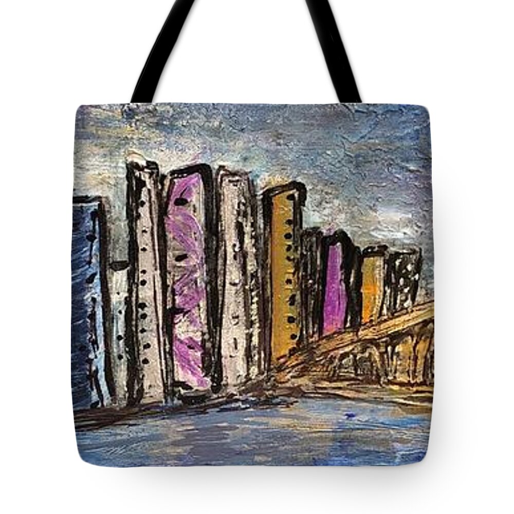 City Skyline Tote Bag featuring the painting City at Nightfall by Rachelle Stracke