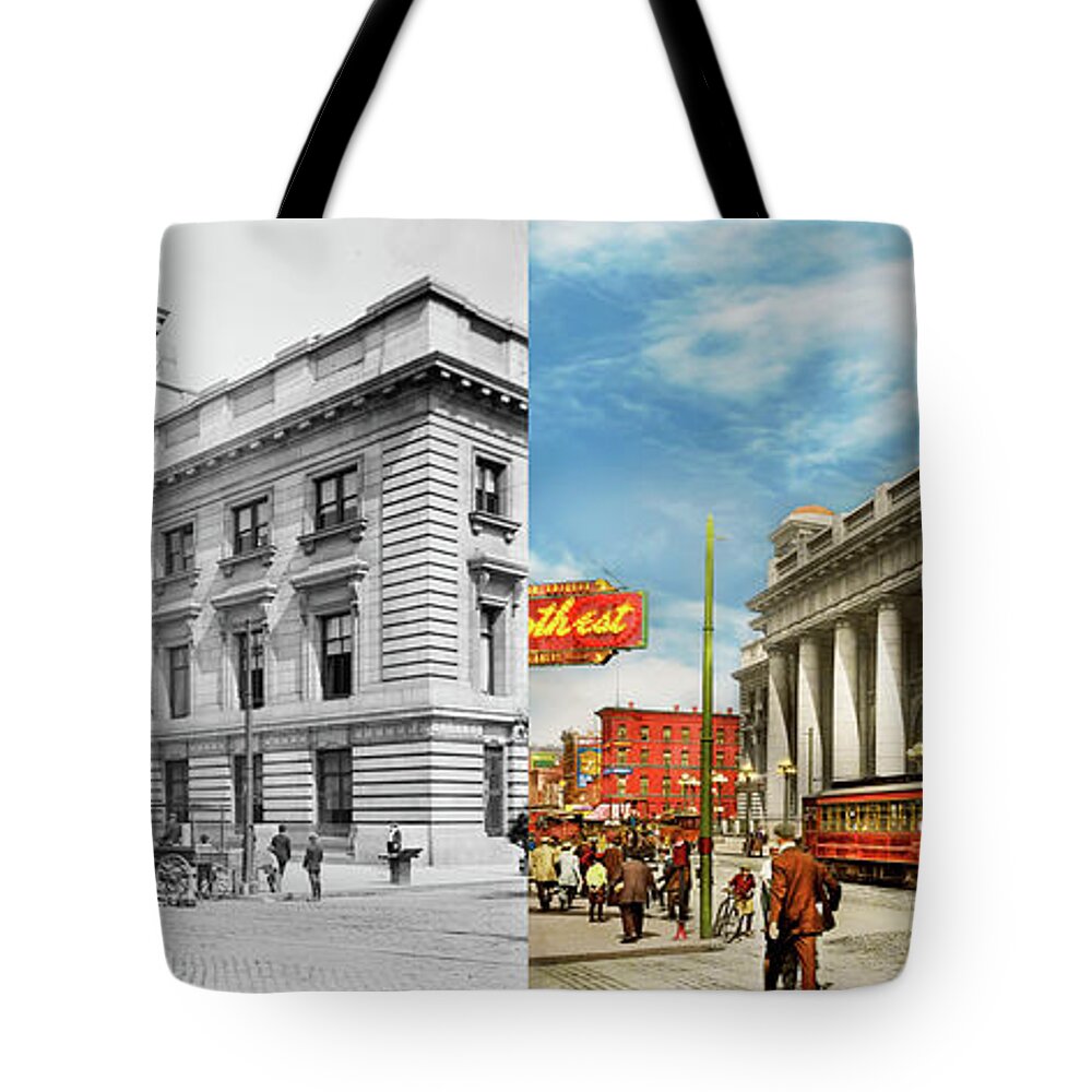 Chicago Tote Bag featuring the photograph City - Chicago, IL - The Chicago Railway Station 1911 - Side by Side by Mike Savad
