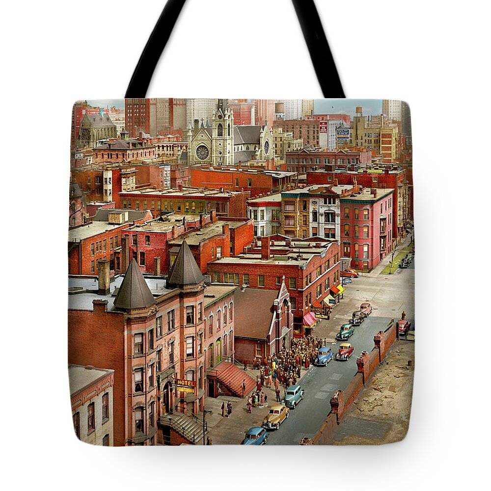 Chicago Tote Bag featuring the photograph City - Chicago, IL - The Churches of Chicago 1942 by Mike Savad