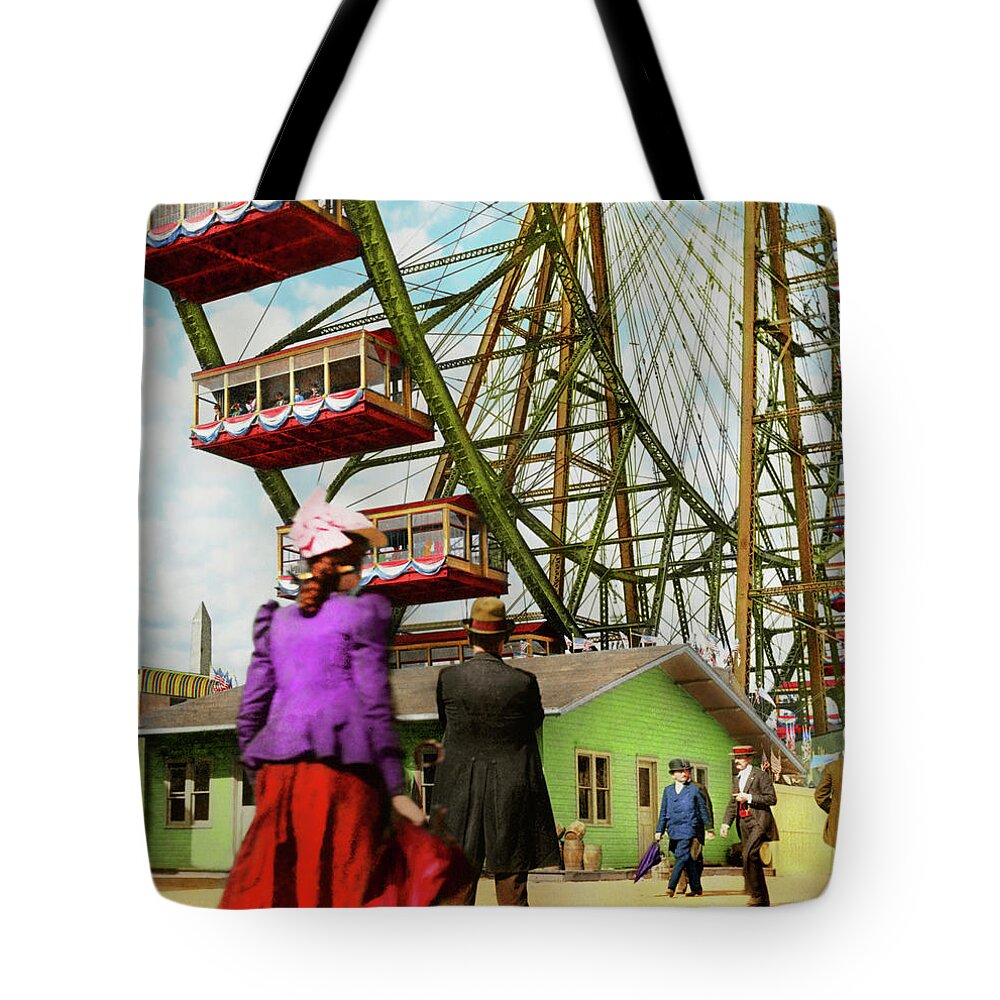 Chicago Tote Bag featuring the photograph City - Chicago,IL - Fair - The first Ferris Wheel 1893 by Mike Savad