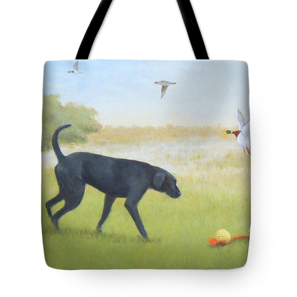 Black Lab Tote Bag featuring the painting City Dog by Phyllis Andrews