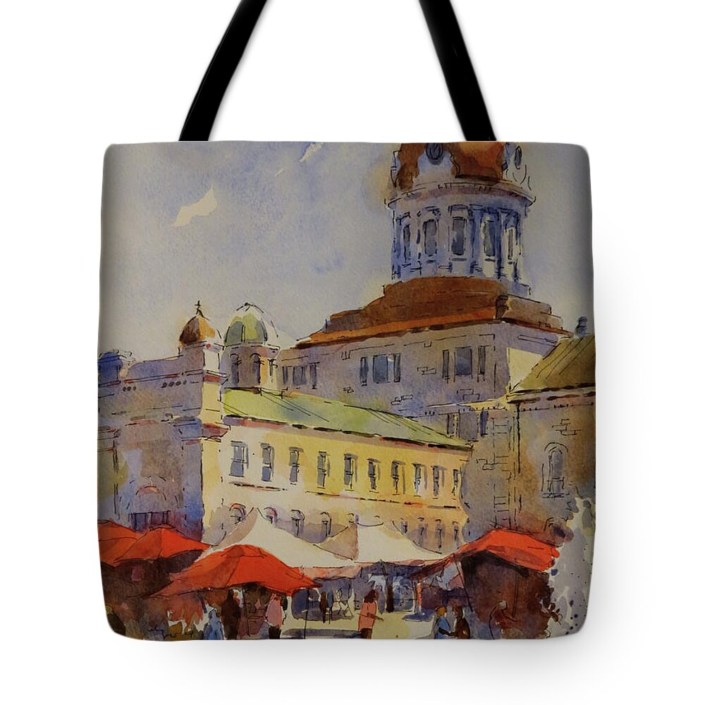 Summer Tote Bag featuring the painting City Hall with Red Tents by David Gilmore