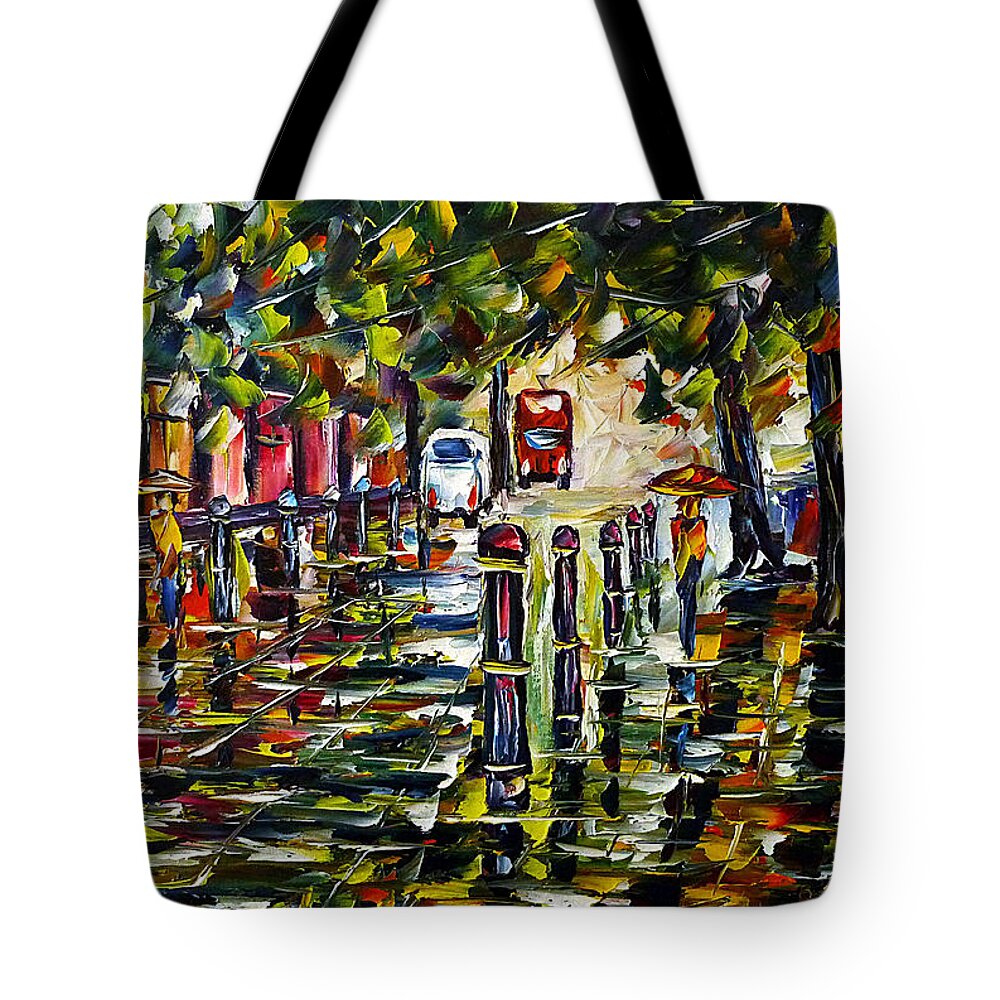 Rainy Cityscape Tote Bag featuring the painting City In The Rain by Mirek Kuzniar