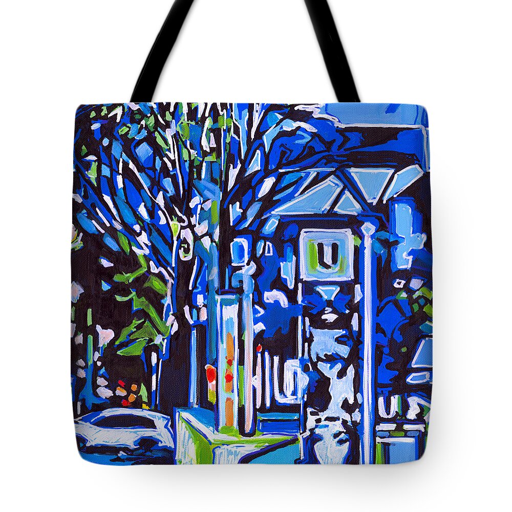 Contemporary Painting Tote Bag featuring the painting City Life - When Time Stood Still by Tanya Filichkin