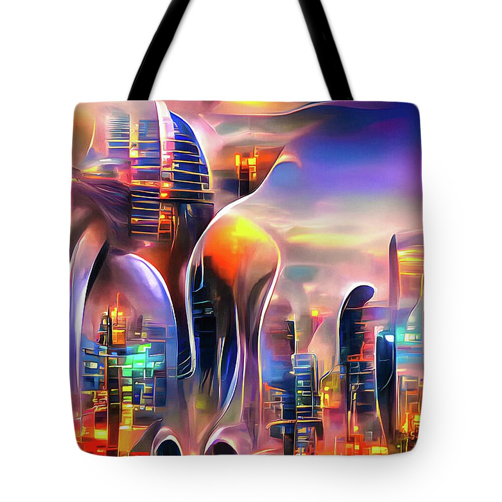 City Tote Bag featuring the digital art City Lights 28 Futuristic Alien Metropolis by Matthias Hauser