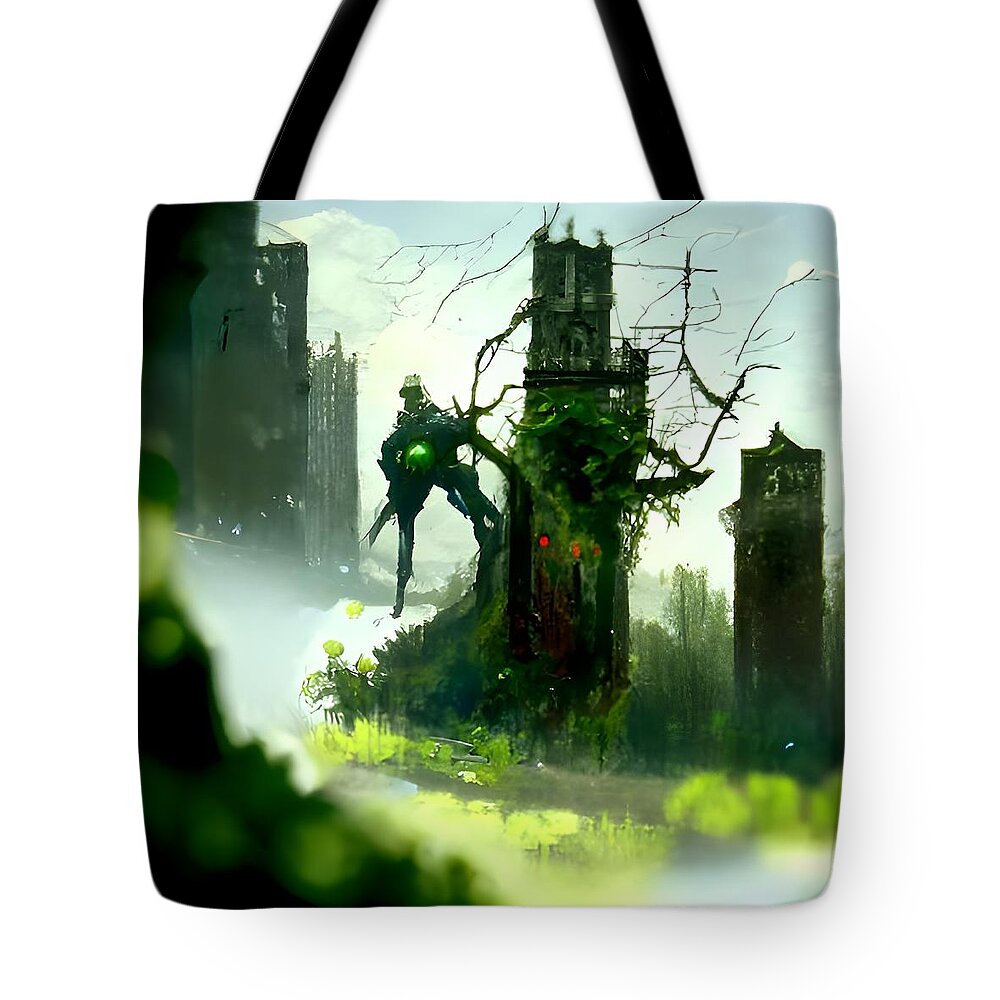 Destruction Tote Bag featuring the digital art City Overgrown with Vines and Moss by Annalisa Rivera-Franz