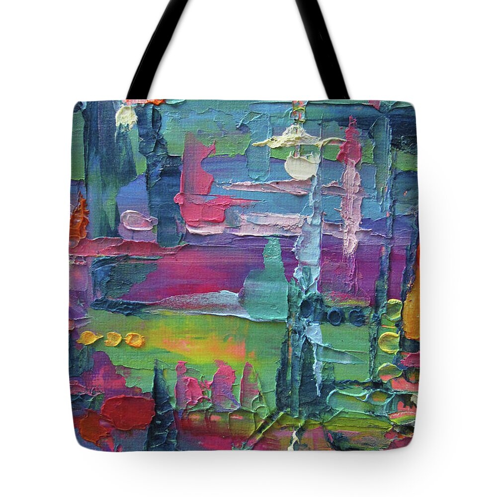 Bright Colors Tote Bag featuring the painting City Tracks by Jean Batzell Fitzgerald