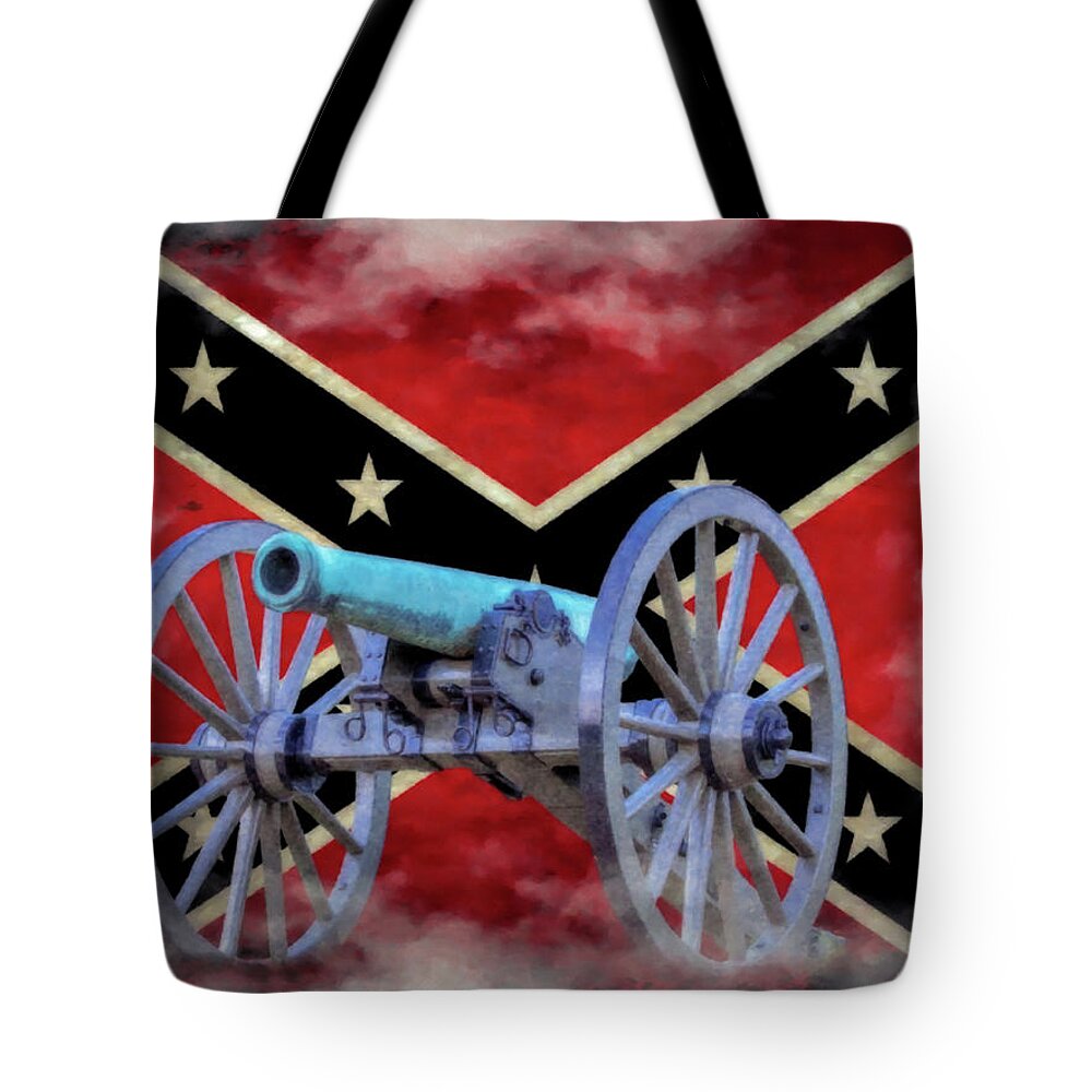 Civil War Confederate Cannon Rebel Flag Tote Bag featuring the digital art Civil War Confederate Cannon Rebel Flag by Randy Steele