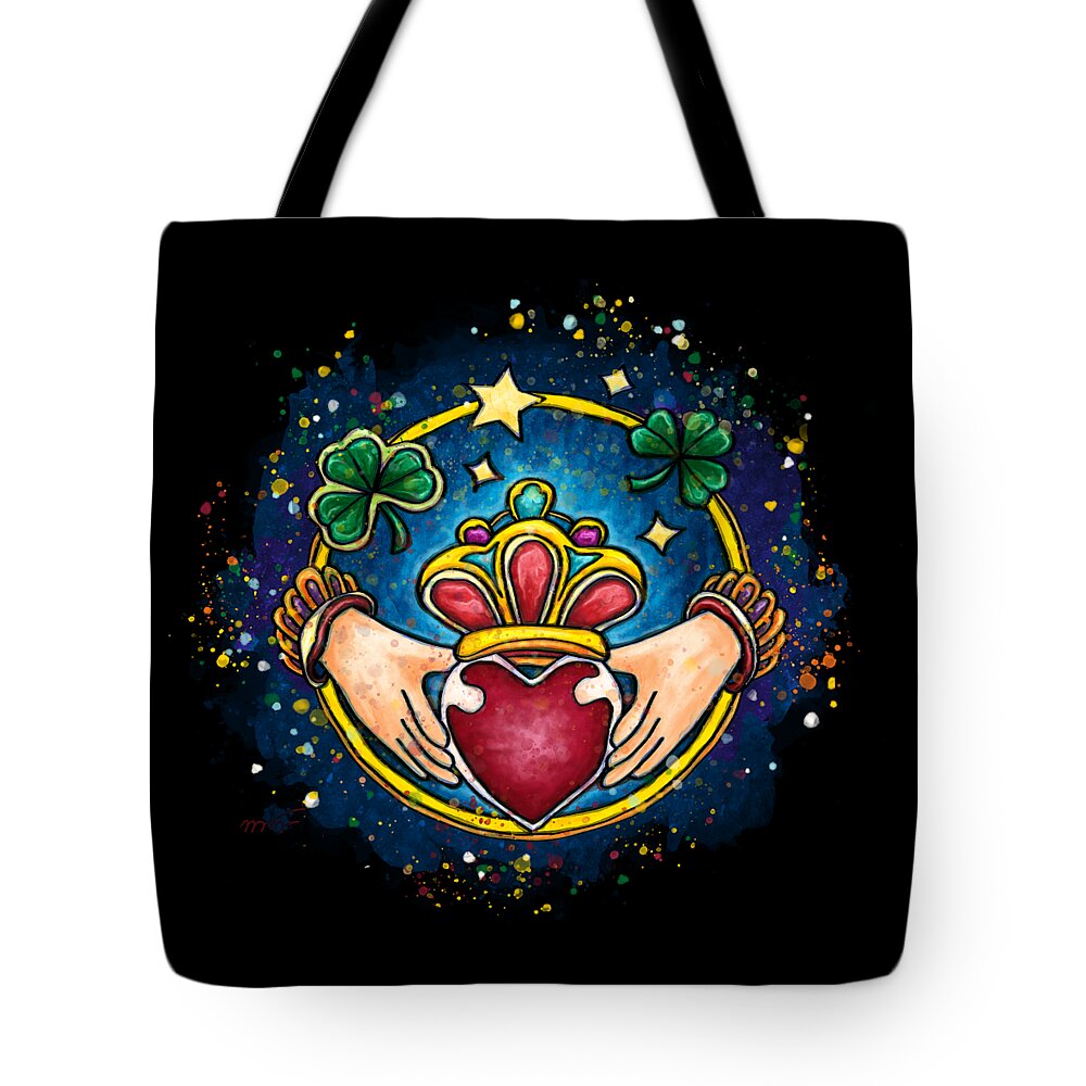 Claddagh Tote Bag featuring the painting Claddagh ring on black background, Ireland engagement ring by Nadia CHEVREL
