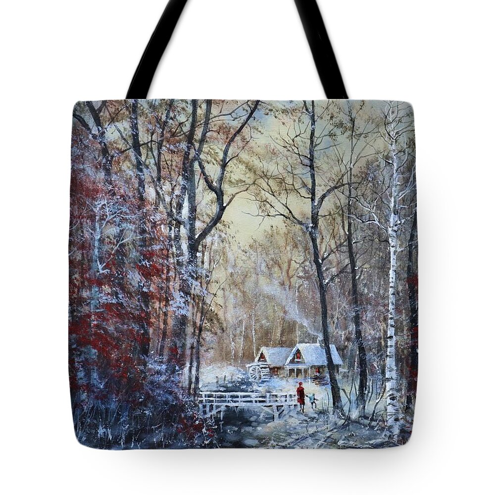 Currier And Ives Tote Bag featuring the painting Classic Snow Scene by Tom Shropshire
