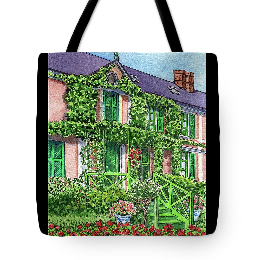 French Tote Bag featuring the painting Claude Monet House Giverny Town France Watercolor Impressionism by Irina Sztukowski