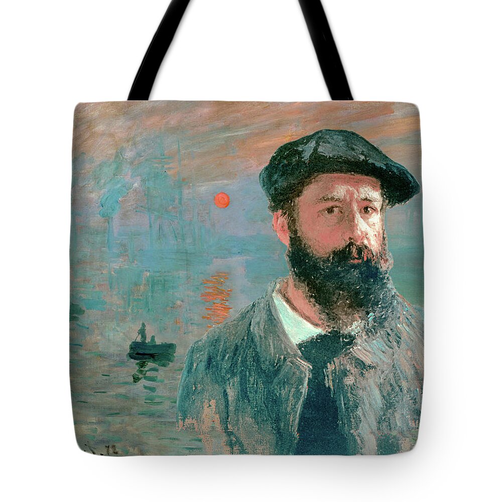 Claude Monet Tote Bag featuring the digital art Claude Monet Self Portrait with a Beret in front of the Impression, Sunrise - digital recreation by Nicko Prints