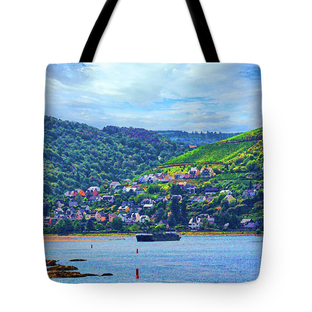 Rhine River Gorge Tote Bag featuring the digital art Clearing the Shoals, Dry Brush on Sandstone by Ron Long Ltd Photography
