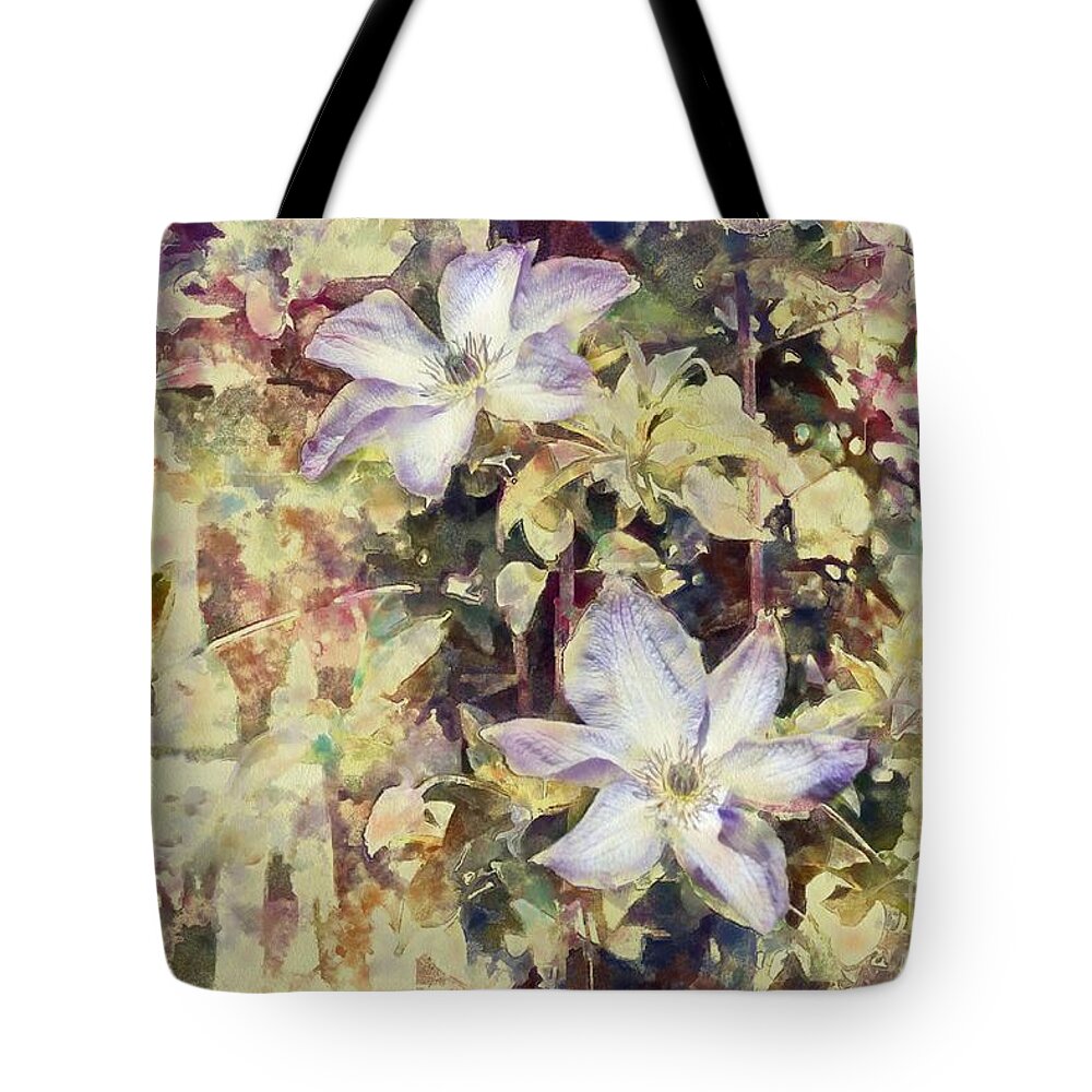 Clematis Tote Bag featuring the digital art Clematis clinging to wall by Fran Woods