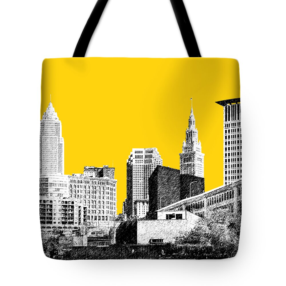 Architecture Tote Bag featuring the digital art Cleveland Skyline 3 - Mustard by DB Artist