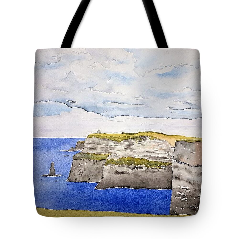 Watercolor Tote Bag featuring the painting Cliffs of Moher by John Klobucher