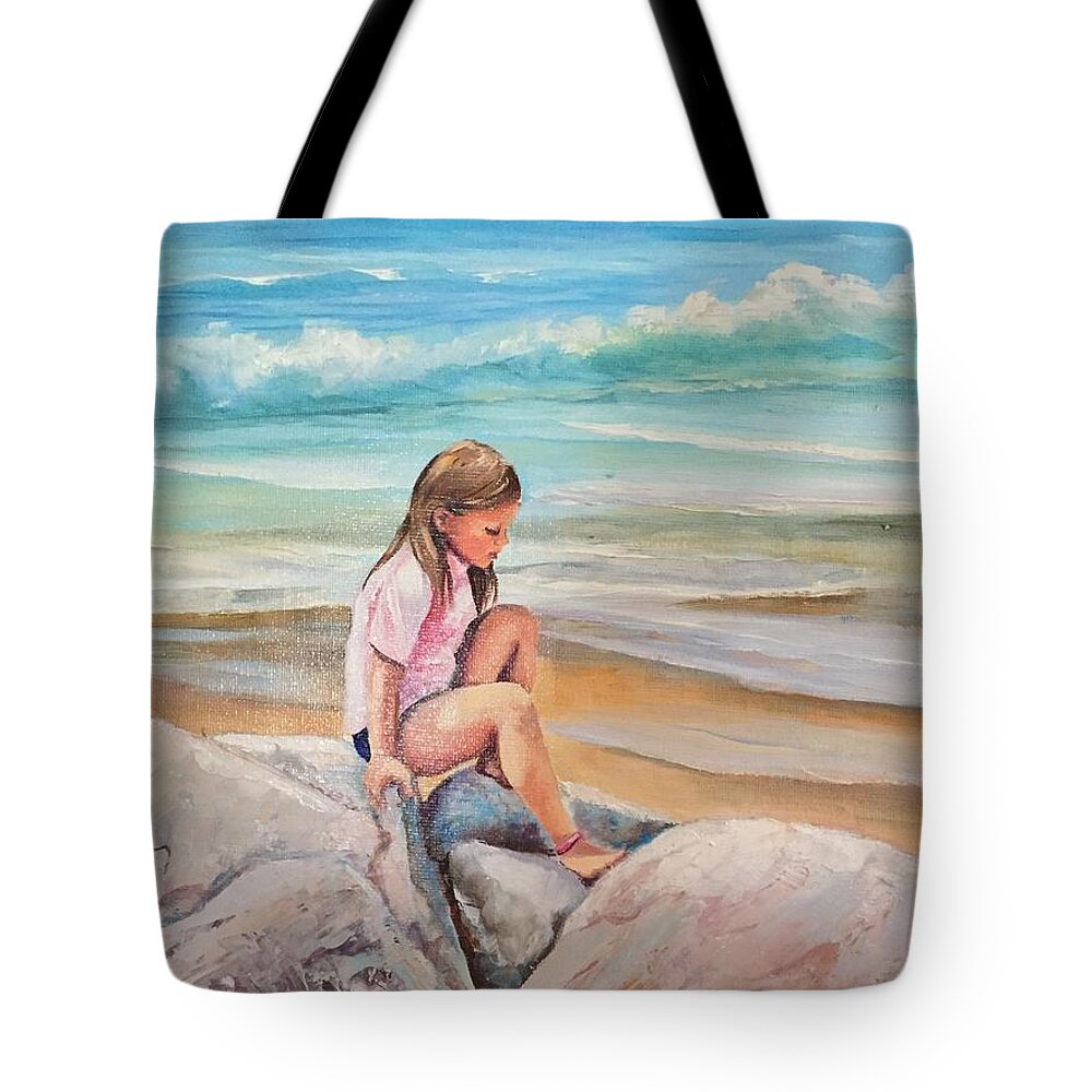 Beach Tote Bag featuring the painting Climbing on the Rocks by Judy Rixom