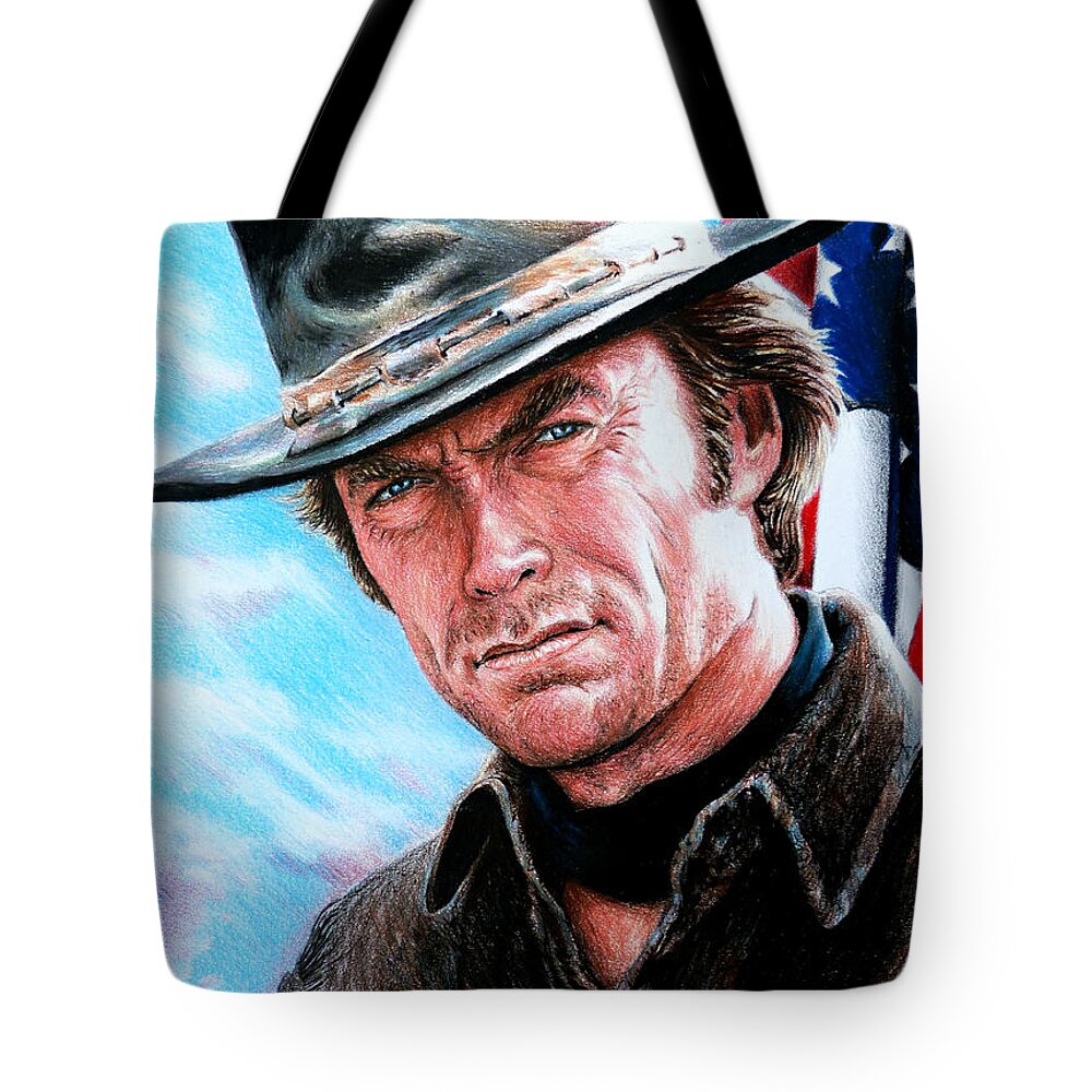 Clint Eastwood Tote Bag featuring the drawing Clint Eastwood patriotic version by Andrew Read