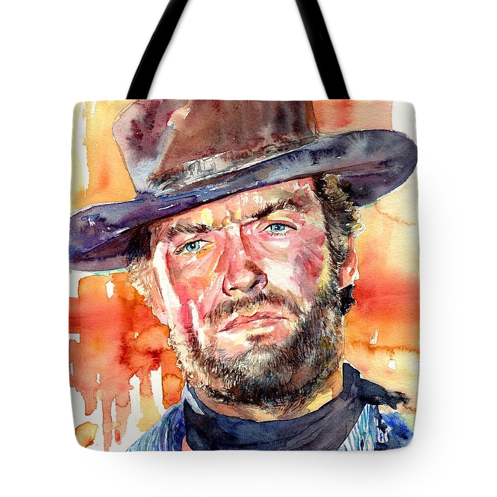 Clint Tote Bag featuring the painting Clint Eastwood Watercolor by Suzann Sines