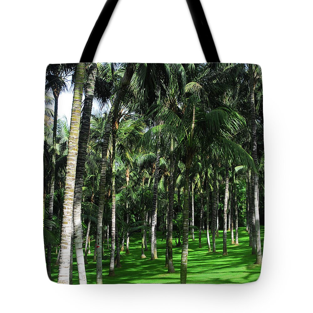 Golf Course Tote Bag featuring the photograph Close Up Of The Golf Course With Palm Trees by Severija Kirilovaite
