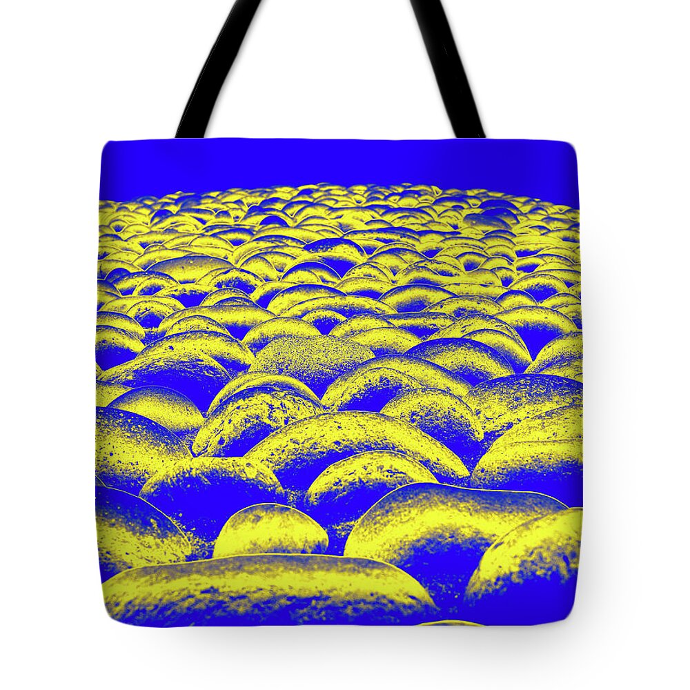 Abstract Tote Bag featuring the digital art Close Up To A Rock Wall, Yellow And Dark Blue by David Desautel