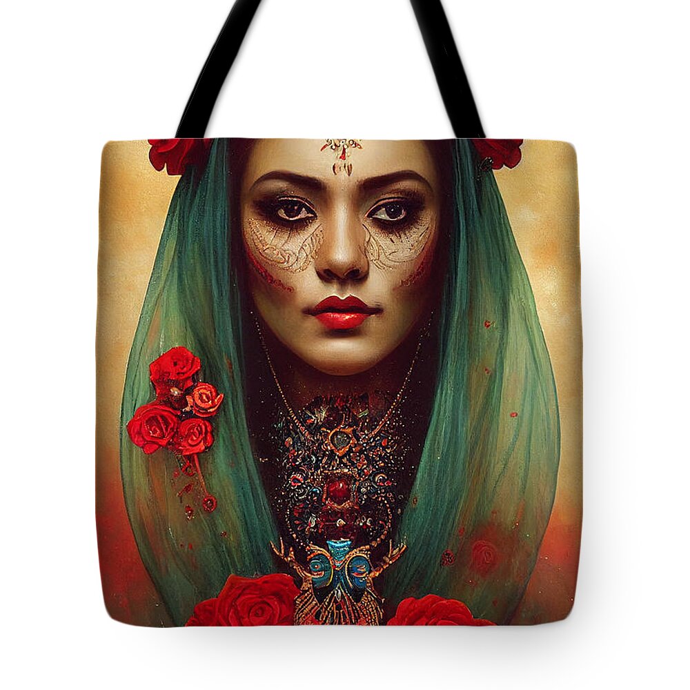 Beautiful Tote Bag featuring the painting Closeup Portrait Of Beautiful Mexican Queen Of Th 4fe6ce64 5481 4142 Ae54 E451d4f6a147 by MotionAge Designs