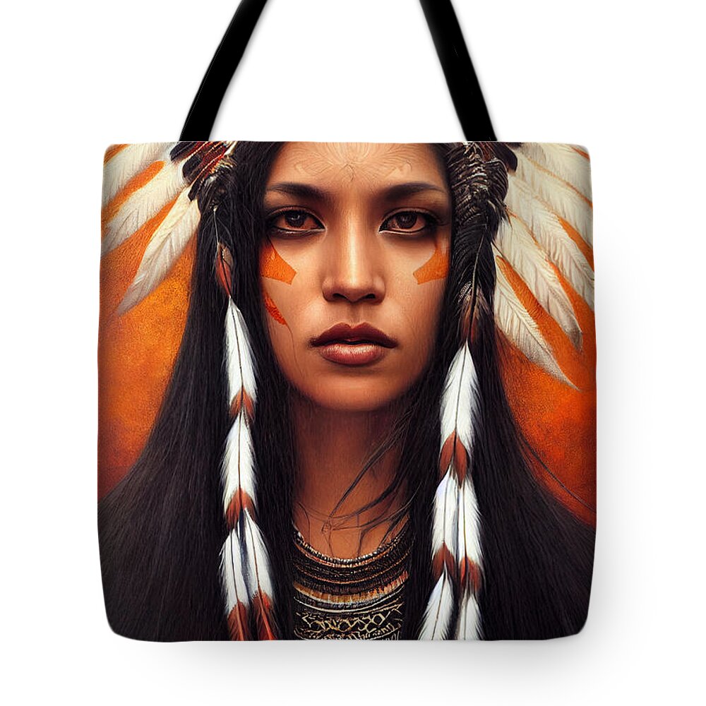 Beautiful Tote Bag featuring the painting Closeup Portrait Of Beautiful Native American Wom 44777eb4 86ef 451e 8412 15e4cf2e6574 by MotionAge Designs