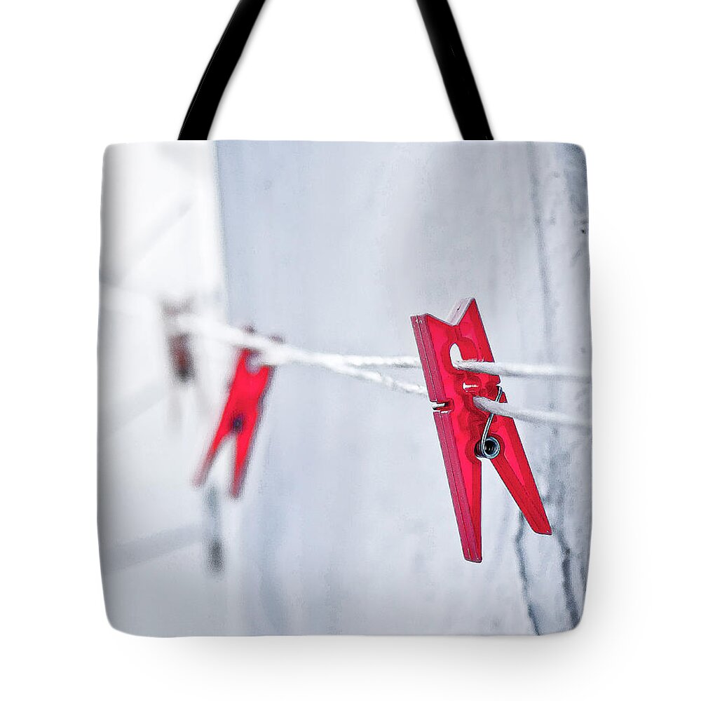 Clothes Line Mykonos Greece Red Clothespin Tote Bag featuring the photograph Clothesline in Mykonos, Greece by David Morehead