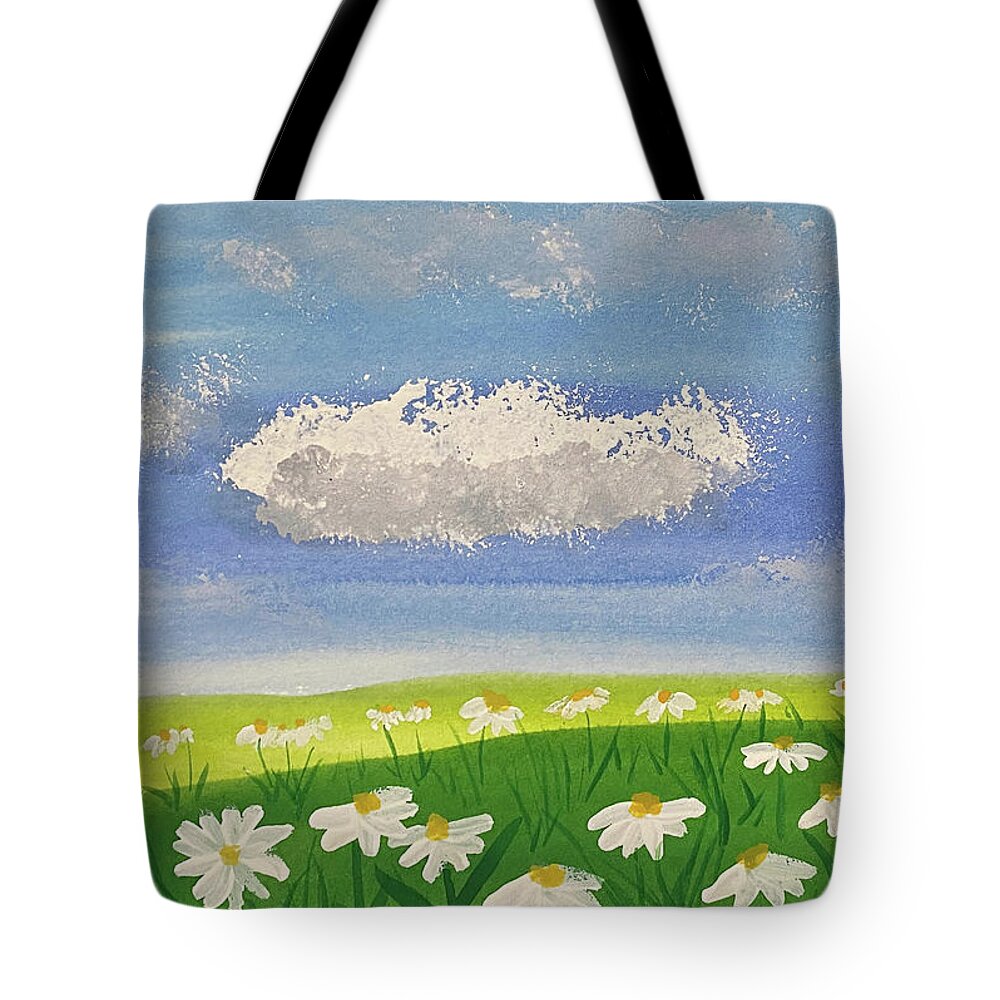 Daisies Tote Bag featuring the mixed media Clouds and Daises by Lisa Neuman
