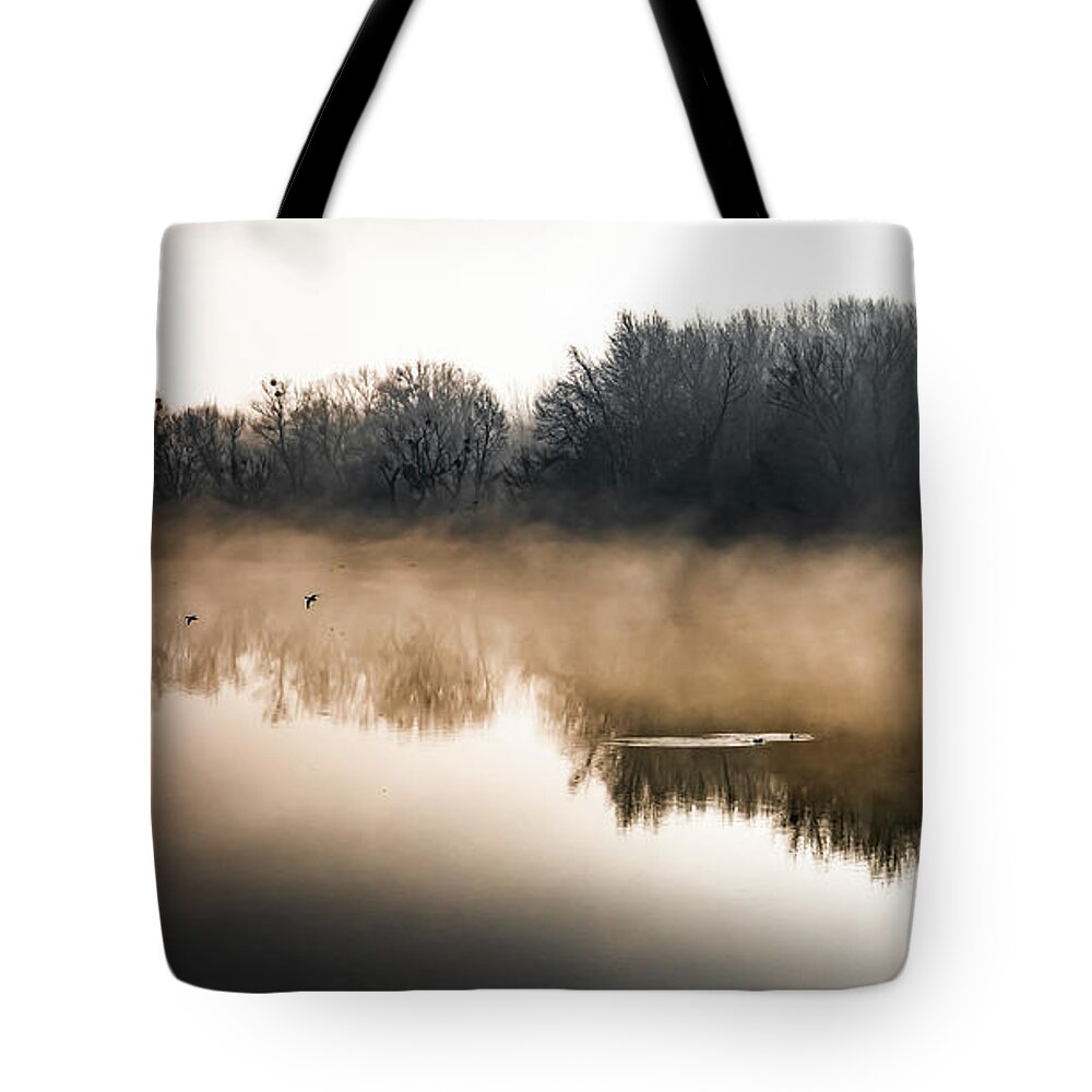 Atmosphere Tote Bag featuring the photograph Clouds Of Mist Over The Watershed Of National Park River Danube Wetlands In Austria by Andreas Berthold