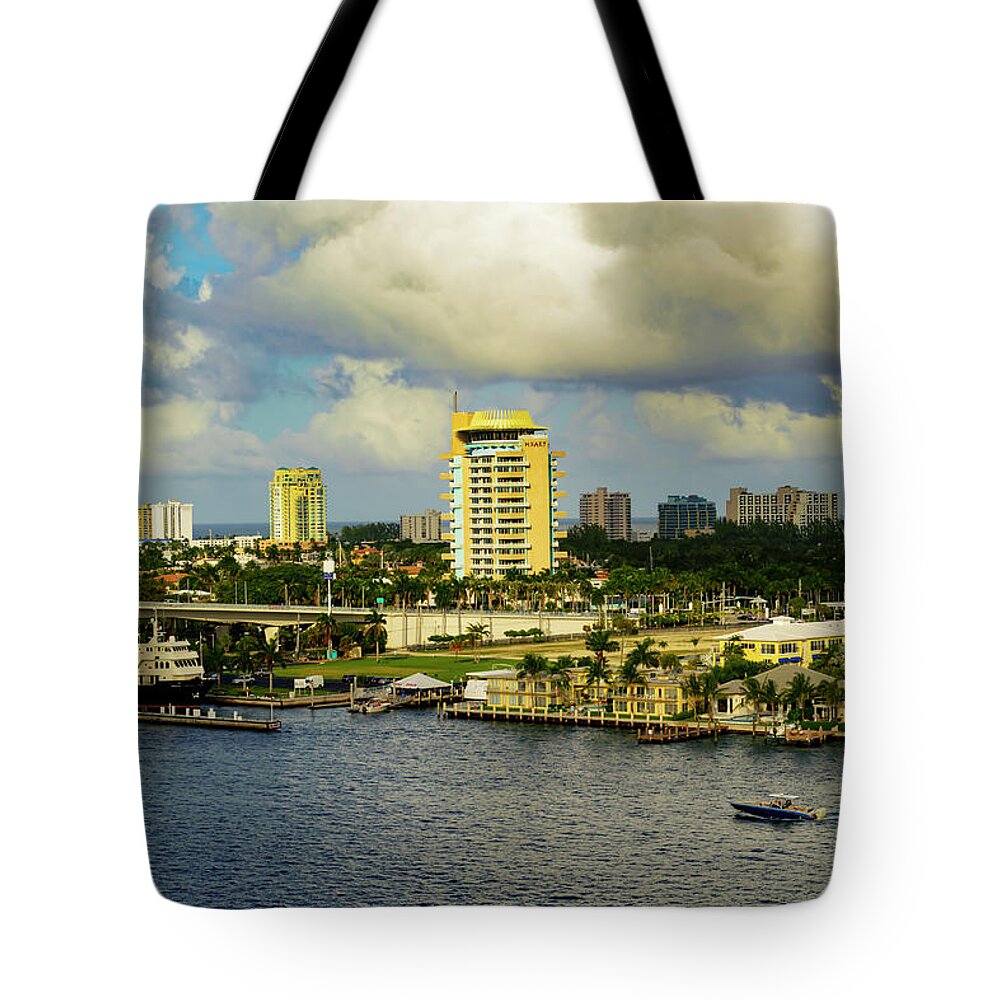 Sun; Color; Clouds; Water; Boats; Buildings; Bridge Skies; Landscape Tote Bag featuring the photograph Clouds Over Fort Lauderdale, Florida by AE Jones