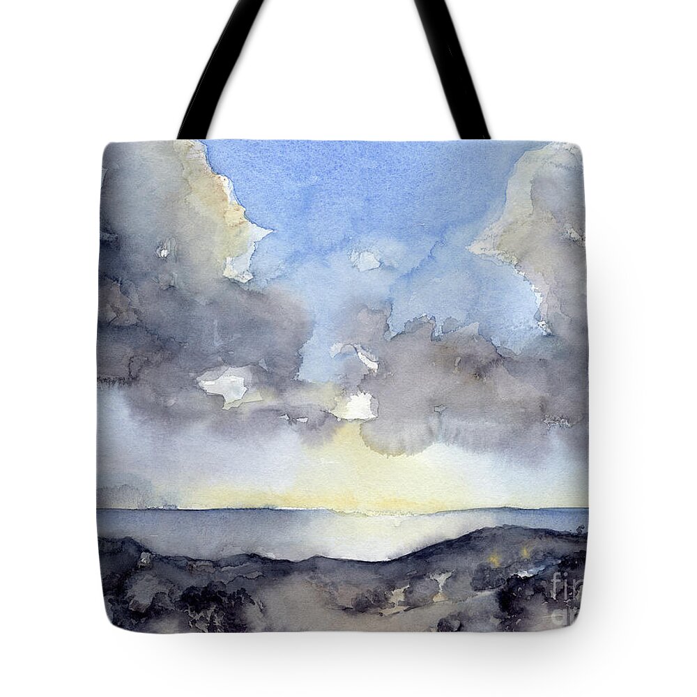 Watercolor Tote Bag featuring the painting Clouds over the sea by Adriana Mueller