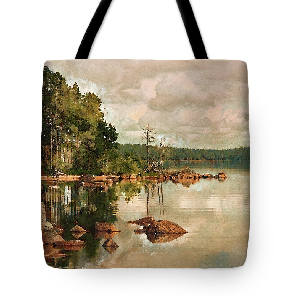 Cloudy Tote Bag featuring the painting Cloudy Morning at the Lake by Alex Mir